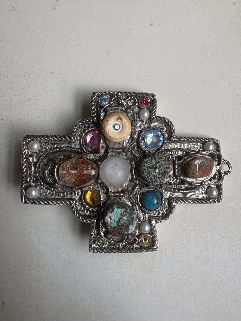 Vintage Multi-Stone Ornate Cross Belt Buckle - Silver-Tone 3.5in x 3 in